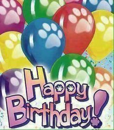 happy birthday card with colorful balloons and paw prints