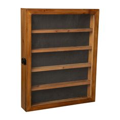 a wooden bookcase with three shelves on the front and two doors at the bottom