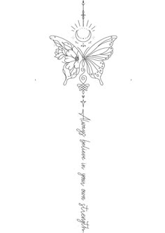 a drawing of a butterfly with writing on it's wings and the moon above it