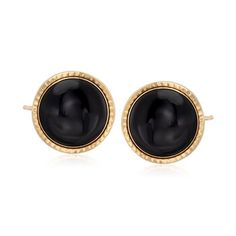 Ross-Simons - 12mm Black Onyx Stud Earrings in 14kt Yellow Gold. So classic. And so chic. This pair of black onyx stud earrings is just right for the office and so sophisticated at night. Here, 12mm black onyx cabochons are set in ridged 14kt yellow gold. Post/clutch, black onyx stud earrings. Black Onyx Hoop Earrings, Italian Gold Jewelry, Pearl Lariat Necklace, Halo Diamond Earrings, Pearl Strands Necklace, Pearl Anklet, Black Onyx Earrings, Emerald Earrings Studs, Precious Gemstones Jewelry