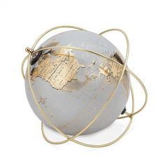 an old world globe with golden metal rings around it on a white background, 3d rendering