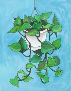 a painting of a potted plant with green leaves hanging from it's sides