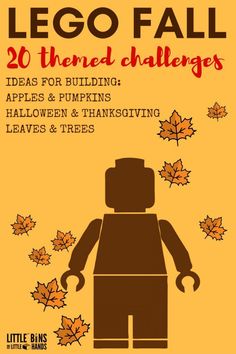 the lego fall poster is shown in orange and brown colors, with leaves surrounding it