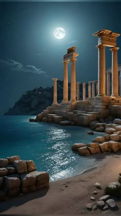 an image of the night at the beach with columns and rocks in front of it