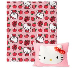 hello kitty bedding set with pillow and throw pillows in pink, red and white