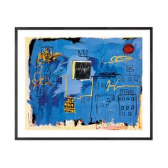 an abstract painting with blue buildings and yellow letters on it, framed in black frame