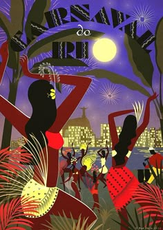 an illustration of people dancing in the park at night