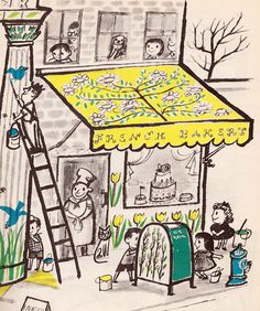 a drawing of a store front with people standing outside and one person on a ladder