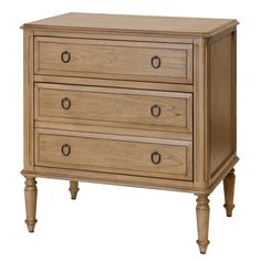 a wooden dresser with three drawers and two pulls on the bottom, one drawer open