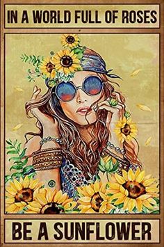 a woman with sunflowers in her hair and sunglasses