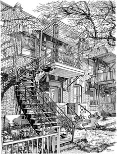 a black and white drawing of a house with stairs