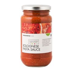 a jar of bolognaese pasta sauce on a white background