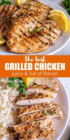 the best grilled chicken juicy and full of flavor is served with white rice, lemon wedges and parsley