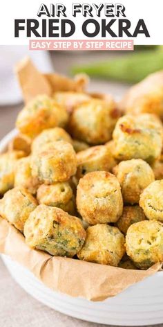 air fryer fried okra in a white bowl on a table with text overlay