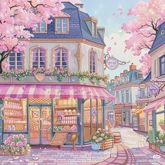 a painting of a storefront with pink flowers on the windows and trees in bloom