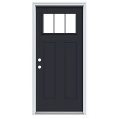 a black front door with two sidelights and one sidelight on the right hand side