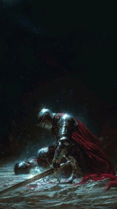 a knight kneeling down in the snow at night