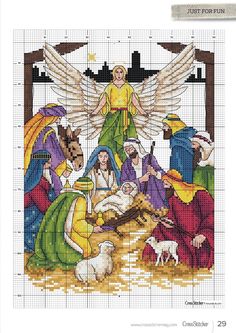 the birth of jesus is depicted in this cross stitch pattern