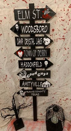 a wooden sign with many different signs on it's sides and some writing on the back