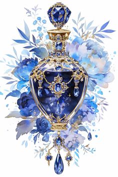 an ornate vase with blue flowers and jewels on the top, surrounded by watercolors