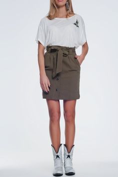 Khaki Tie Waist Mini Skirt – Shopaholic's Closet Tshirt With Skirt, Western Tshirt, Belt Pocket, Khaki Skirt, Skirt Belt, Side Zipper, Apparel Accessories, Black Friday, Mini Skirt