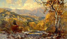 an oil painting of a stream in the mountains