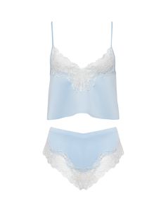 An elegant ensemble crafted from ice water blue luxury satin, trimmed with premium white lace. The cropped cami top features adjustable shoulder straps and is paired with mini shorts with a flattering high-rise thigh cut with a split lace detail and V-shaped elasticated waistband complete this modern, feminine set. Cute Pijamas, Lingerie Pjs, Crop Top Shorts, Silk Crop Top, Virtual Outfits, Top Shorts Set, Lingerie Brands, Inner Glow, Online Lingerie