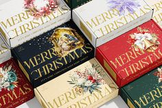 six christmas cards are stacked on top of each other, with the words merry christmas in gold and red