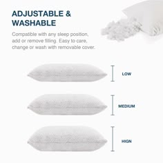 three pillows are shown with the words adjustable and washable on each pillow side by side