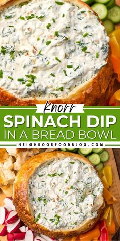 spinach dip in a bread bowl on a cutting board