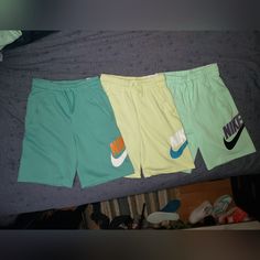 Set Of 3 Nike Youth Shorts Size Xl Nwt !!! Playful Cotton Sports Shorts, Playful Cotton Sports Bottoms, Green Shorts With Pockets For Playwear, Playful Green Sports Shorts, Nike Green Cotton Bottoms, Nike Multicolor Casual Bottoms, Nike Casual Multicolor Bottoms, Casual Multicolor Nike Bottoms, Playful Nike Cotton Bottoms