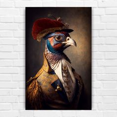 a painting of a peacock wearing a red hat and gold suit with feathers on it