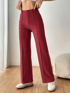 Women Casual Straight-Leg Suit Pants, Solid Color, For Commuting Burgundy Casual   Knitted Fabric Plain Straight Leg Slight Stretch  Women Clothing, size features are:Bust: ,Length: ,Sleeve Length: Red Dress Pants, Dark Red Dresses, Suit Pants, Blouse Pants, Casual Hat, Women's Shapewear, Tailored Pants, Cropped Trousers, Lingerie Set