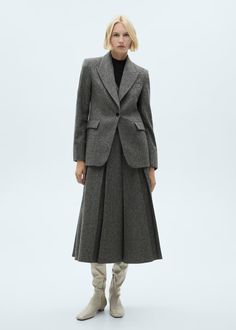 Marbled wool pleated skirt - Women | MANGO USA Skirt With Button Up Shirt, Wool Skirt Outfit, Wool Pleated Skirt, Midi Design, Bride Dress Simple, Womens Office, Skirt With Buttons, Stylish Work Outfits, Wool Skirts