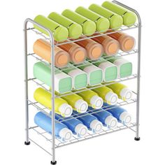 a metal rack with cups and saucers on it's sides in different colors