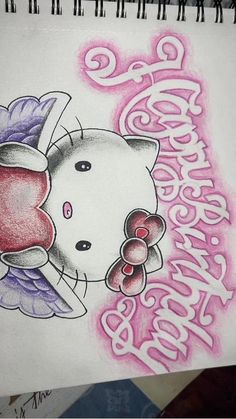 a drawing of a hello kitty with an apple on it's face and the words happy birthday