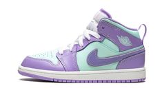 Purple/light green leather/rubber Jordan 1 Mid PS sneakers from JORDAN featuring signature Air Jordan Wings logo, signature Swoosh logo detail, contrasting panel detail, round toe, front lace-up fastening, logo patch at the tongue, ankle-length and rubber sole.  These styles are supplied by a premium sneaker marketplace.  Stocking only the most sought-after footwear, they source and curate some of the most hard to find sneakers from around the world. . Air Jordan 1 Mid Purple, Nike Jordan Air 1, Kids Jordan, Authentic Jordans, Nike Fashion Shoes, Rainbow Shoes, Purple Shoes, Stadium Goods, Turquoise Green