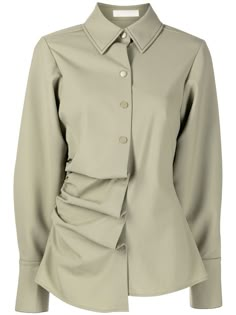 Adrien asymmetric shirt from SIR. featuring sage green, asymmetric design, ruched detailing, classic collar, front button fastening, long sleeves, buttoned cuffs and asymmetric hem. Asymmetric Shirt For Women, Sage Green Long Sleeve Top Outfit, Shirt Cuff Styles, Designer Button-up Shirt With Placket, Chic Asymmetrical Cotton Shirt, Asymmetrical Button Down Shirt, Asymmetrical Button Top, Luxury Asymmetrical Spring Shirt, Assymetrical Top