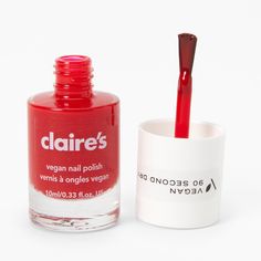 Add a cheery pop of color to your nails with this hot shade! This red polish has a vegan formula and is the perfect summer color to brighten your look. 90 second dry time allows for a quick, salon-ready mani when on-the-go, and during crunch-time. Vegan Not sourced from, nor derived from animal or animal-based sources 90 second dry time Shade: Red Length: 2.5" Closure: Twist Cap Volume: 10ml/0.33 fl.oz. Material: Liquid - Claire's Vegan 90 Second Dry Nail Polish - Red Claire's Nails, Nail Polish Red, Spa Supplies, Piercing Kit, Animal Based, Red Polish, Lavender Nails, Polish Models, Vegan Nail Polish