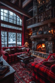 a living room filled with furniture and a fire place next to a window covered in snow