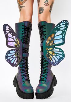 Club Exx Rainbow Reflective Iridescent Butterfly Wing Knee High Combat Boots | Dolls Kill Butterfly Boots, Rave Boots, Rave Girl Outfits, Holographic Accessories, Knee High Combat Boots, Iridescent Butterfly, Mystic Garden, Womens Thigh High Boots, Rave Wear