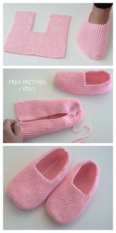 crocheted slippers and booties are shown in three different pictures, one is pink