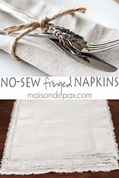 the napkins are tied with twine and have silverware on top of them