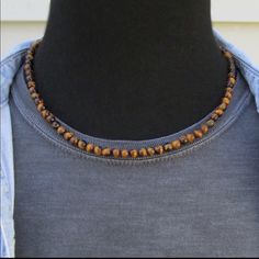 6mm Brown Tiger Eye Beaded Necklace 20” Inches Necklace Length Casual Brown Round Beaded Jewelry, Adjustable Brown Necklace With 8mm Beads, Casual Brown Beaded Necklaces, Casual Brown Beaded Necklaces For Gift, Casual Single Strand Beaded Necklace, Casual Brown Beaded Necklace For Gift, Everyday Spiritual Brown Necklace, Casual Brown Necklace For Everyday, Bead Necklace Men