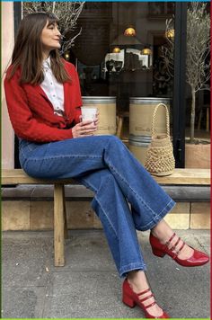 Red Parisian Outfit, Colourful Parisian Style, Red Handbag Outfit Street Style, Mary Janes And Jeans Outfit, Red Heels Outfit Casual, Red Heels And Jeans Outfit, Red Flat Outfits, Red Ballet Pumps Outfit, Blue And Red Outfit Women