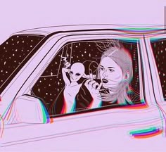 a drawing of a woman in a car looking out the window with an alien on her hand