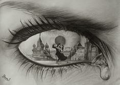 a pencil drawing of an eye with the reflection of a woman and man in it