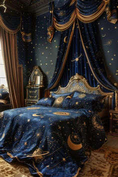 a bed room with a neatly made bed covered in blue sheets and stars on the wall