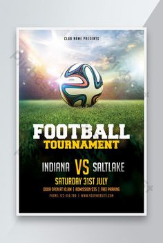 a soccer tournament flyer with a ball on the field