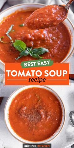 two bowls filled with tomato soup and the title reads best easy tomato soup recipe on top